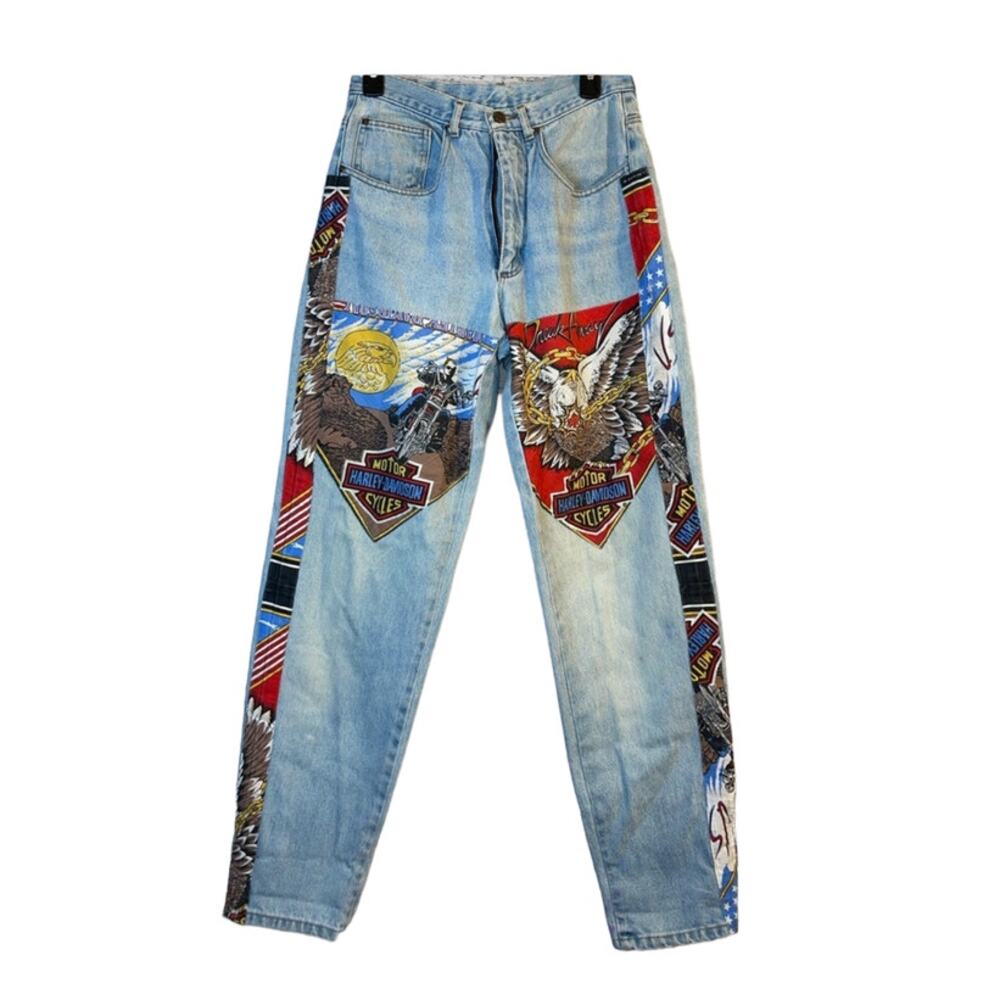 Harley Davidson Vintage Rare 100% Cotton Patch Straight Leg Jeans High Waist 32